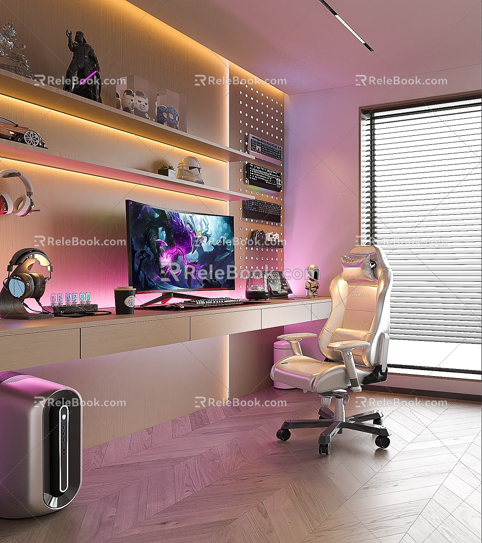 Study E-Sports Room Cream Style Study Minimalist Study Italian Style Study Computer Room Bookcase Wine Cabinet Glass Cabinet Desk and Chair 3d model