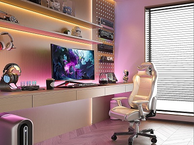 Study E-Sports Room Cream Style Study Minimalist Study Italian Style Study Computer Room Bookcase Wine Cabinet Glass Cabinet Desk and Chair 3d model