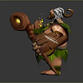 Horned Muscular Game and Movie Character In Green Leaf Outfit Holding Weapon With Magic Aura