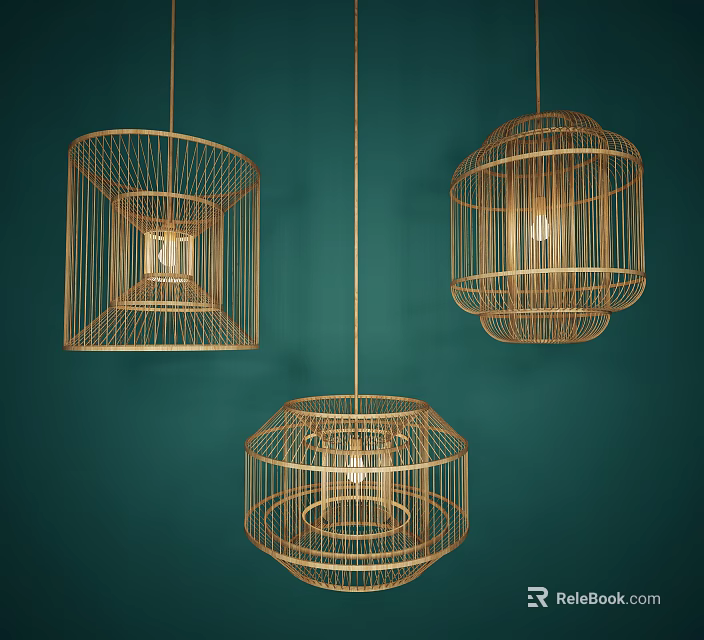 Three Modern Woven Bamboo Chandeliers Square And Round Design On Dark Green Wall 3d model 