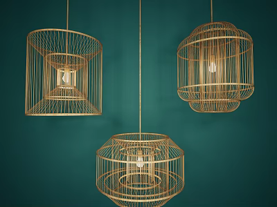 Three Modern Woven Bamboo Chandeliers Square And Round Design On Dark Green Wall 3d model