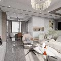 Modern Living and Dining Room Interior with Sofa Coffee Table Dining Set Chandelier and Plants