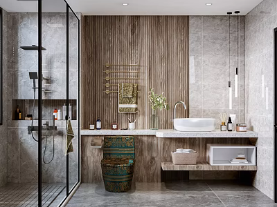 Modern Bathroom Interior Design With Glass Shower Wooden Wall White Vessel Sink And Green Plants 3d model