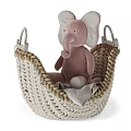 Adorable Lion and Elephant Plush Toys Sitting in Wicker Baskets with Pom Pom Trim