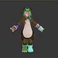 3D Panda Costume Character With Green Black Hair Pink Face And White Outfit