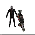 Game Movie Characters In Black Suit With Red Tie Masked Holding Large Mechanical Weapon