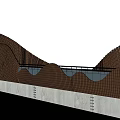 Modern Wavy Landscape Bridge With Wooden Railings Over River And Green Trees