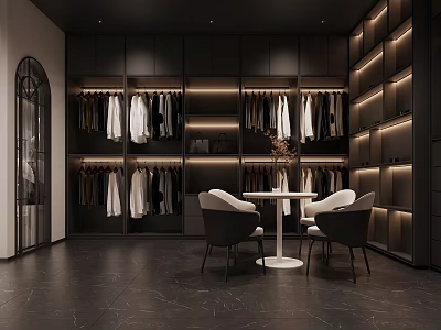 Modern Clothing Store Interior Featuring Black Wardrobes Hanging Clothes White Round Table And Black Chairs 3d model