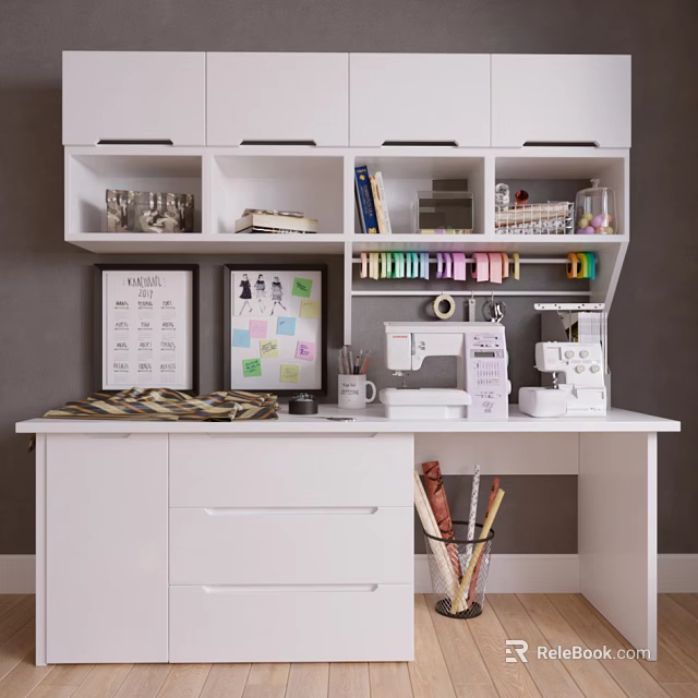 Industrial Sewing Machine On White Desk With Storage Cabinets Books Colored Pens And Office Supplies 3d model 