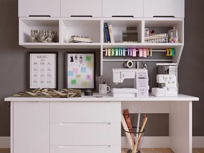 Industrial Sewing Machine On White Desk With Storage Cabinets Books Colored Pens And Office Supplies 3d model
