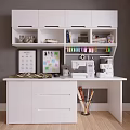 Industrial Sewing Machine On White Desk With Storage Cabinets Books Colored Pens And Office Supplies