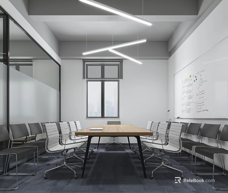 Modern Conference Room Design With Long Wooden Table Office Chairs Hanging Lights And Whiteboard 3d model 