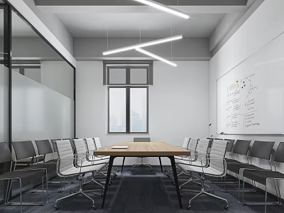 Modern Conference Room Design With Long Wooden Table Office Chairs Hanging Lights And Whiteboard 3d model