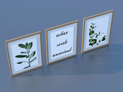 Three Wood Frames with Green Plant Prints and Relax Seat Unwind Text for Minimalist Decor 3d model