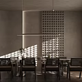 Modern Restaurant Interior Design Featuring Long Dining Table Dark Chairs Sunlight Through Lattice Windows