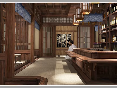Traditional Japanese Restaurant Interior with Wooden Structure Shoji Screens Bar Counter Lanterns and Wine Racks 3d model