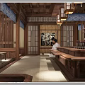 Traditional Japanese Restaurant Interior with Wooden Structure Shoji Screens Bar Counter Lanterns and Wine Racks