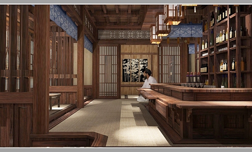 Japanese style Ishakaya bar theme restaurant bar sushi Japanese ingredients 3d model