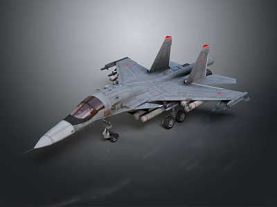 Gray Military Fighter Jet With Red Marked Vertical Stabilizers And Extended Landing Gear 3d model