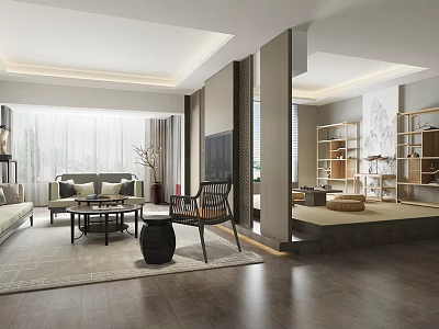 Modern Tea Room Interior Design With Sofa Coffee Table And Wooden Bookshelves 3d model
