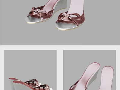 Maroon Leather Wedge Sandals With Knot Detail For Casual Summer Wear 3d model