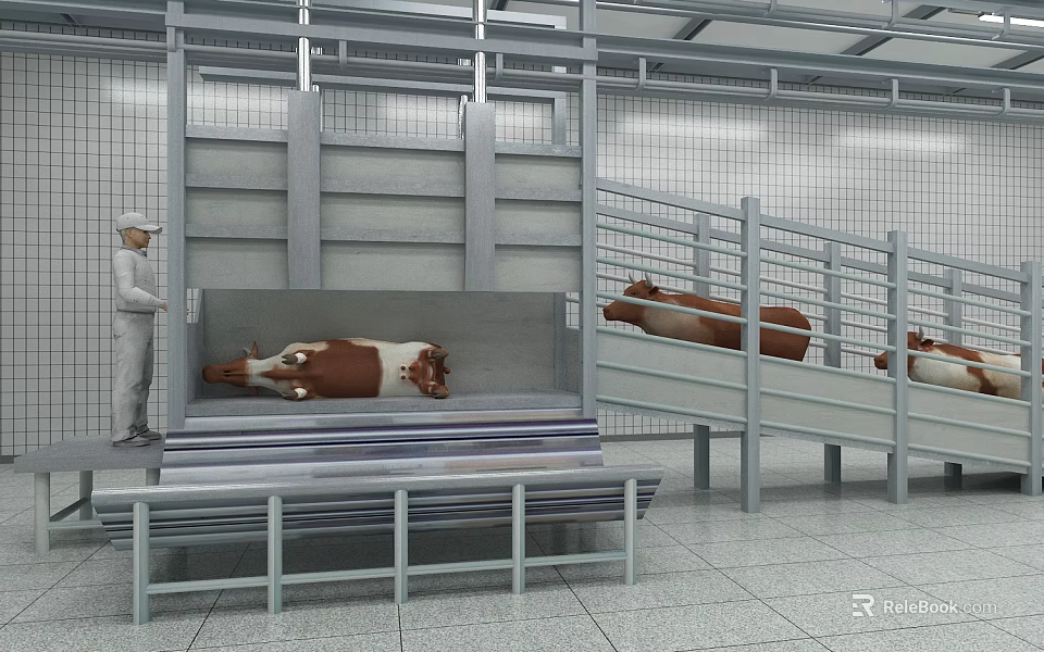 Industrial Cattle Processing Facility With Worker Handling Cows On Metal Structures 3d model