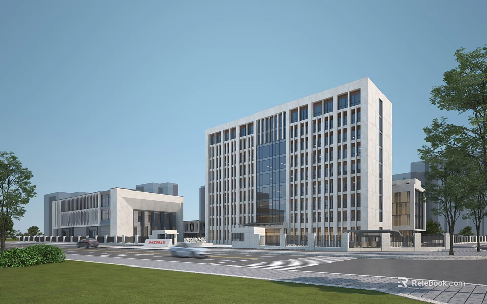 Modern Office Building Exterior With Glass Windows Stone Facade High Rise Structure And Lawn Area 3d model 