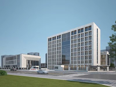 Modern Office Building Exterior With Glass Windows Stone Facade High Rise Structure And Lawn Area 3d model