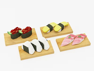 Assorted Fresh Sushi Platter With Wooden Serving Boards And Various Toppings 3d model