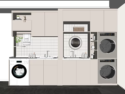 Modern Bathroom Cabinet With Washing Machines Sink Potted Plant And Tiled Wall 3d model