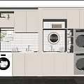 Modern Bathroom Cabinet With Washing Machines Sink Potted Plant And Tiled Wall