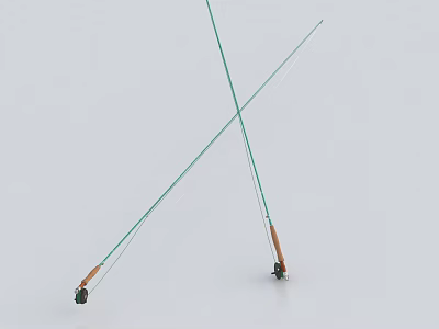 Crossed Fishing Rods With Green Shafts And Wooden Handles On White Background 3d model
