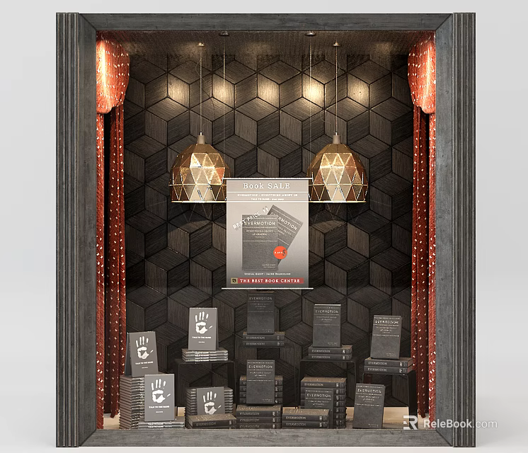 Stylish Store Window Display With Geometric Wall Pendant Lights And Product Stands 3d model 