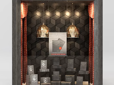 Stylish Store Window Display With Geometric Wall Pendant Lights And Product Stands 3d model