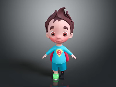 Cartoon Child In Blue Outfit With Superhero Logo Red Cape And Green Shoes 3d model