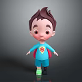 Cartoon Child In Blue Outfit With Superhero Logo Red Cape And Green Shoes