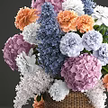 Colorful Flower Arrangement in Basket Vase with Purple Orange White Blue Hydrangeas and Peonies