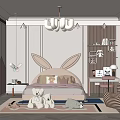 Cozy Kids Room Interior With Bunny Ear Headboard Stuffed Bears Area Rug And Chandelier