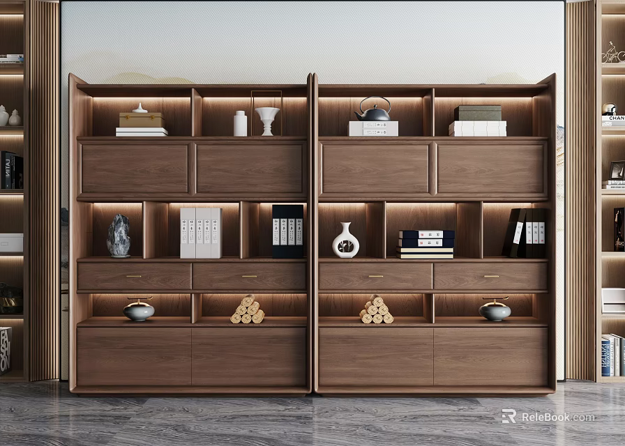 Modern Wooden Bookcase Interior Design With Open Shelves Drawers Books And Decorative Items 3d model 