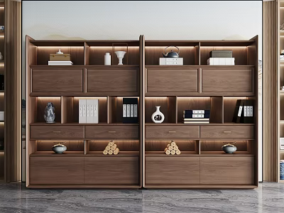 Modern Wooden Bookcase Interior Design With Open Shelves Drawers Books And Decorative Items 3d model