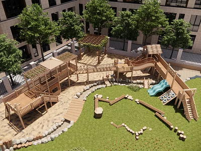 Water Fountain In Children Playground With Wooden Structures Green Grass And Trees 3d model