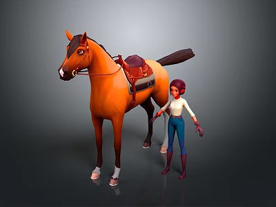 3D Brown Horse With Red Saddle And Red Haired Woman In White Top Blue Pants 3d model