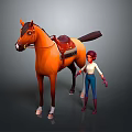 3D Brown Horse With Red Saddle And Red Haired Woman In White Top Blue Pants