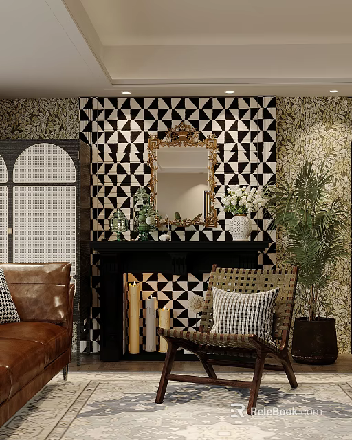 Stylish Fireplace Interior With Black White Triangular Wall And Gold Framed Mirror 3d model 