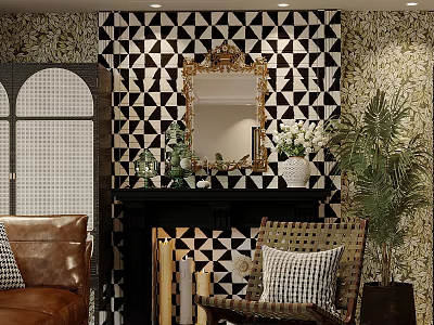 Stylish Fireplace Interior With Black White Triangular Wall And Gold Framed Mirror 3d model