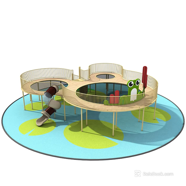 Fun Outdoor Children's Play Structure With Circular Platform Slide Railings And Frog Decoration 3d model 