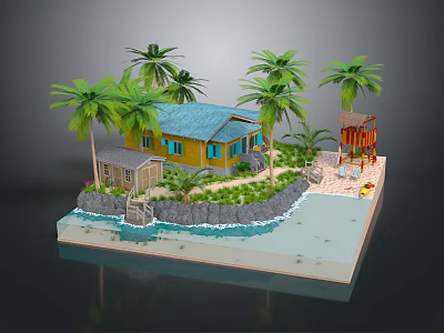 Colorful Tropical Cartoon Scene With Yellow House Blue Roof Palm Trees Beach And Lifeguard Tower 3d model