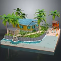 Colorful Tropical Cartoon Scene With Yellow House Blue Roof Palm Trees Beach And Lifeguard Tower