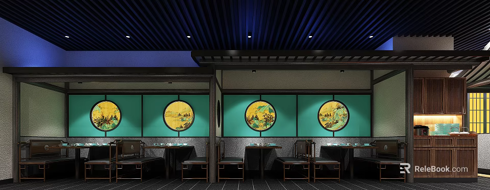 Traditional Chinese Restaurant Interior Design With Round Windows Green Walls And Dining Tables 3d model 
