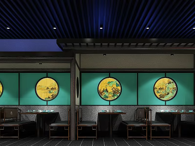 Traditional Chinese Restaurant Interior Design With Round Windows Green Walls And Dining Tables 3d model